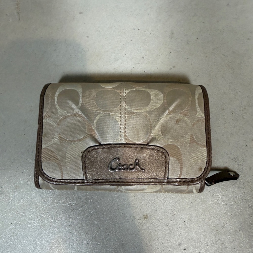 Coach Signature Jacquard Bifold Wallet Metallic Bronze Canvas Small Monogram